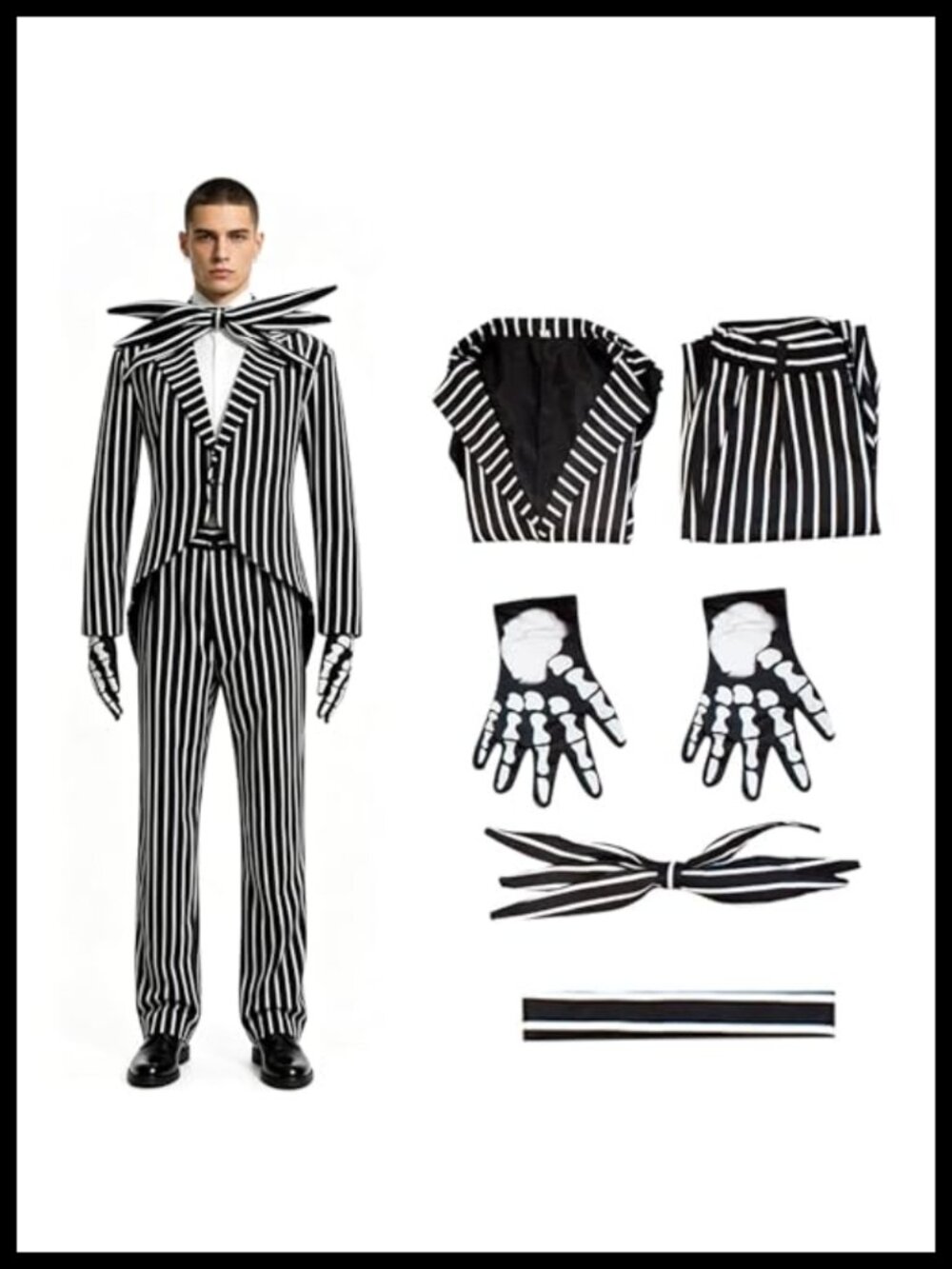 Adult Skeleton Costume Set 4PCS Striped Jacket Pants Gloves Bow Tie Halloween